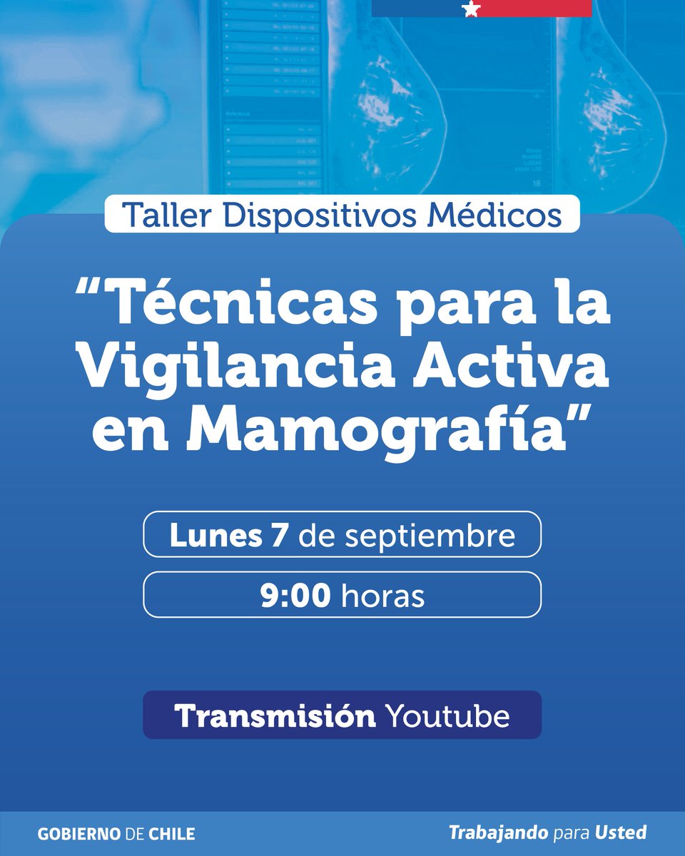 ispch's tweet photo. ISP invita a participar del taller "Técnicas para la Vigilancia Activa en Mamografía" organizado por la Agencia Nacional de Dispositivos Médicos (ANDIM)

Para conectarse al taller ingresa a 👉https://t.co/8twAc0A2xW

#Mamografía
#DispositivosMédicos
#vigilanciaactiva https://t.co/USdO617HYF