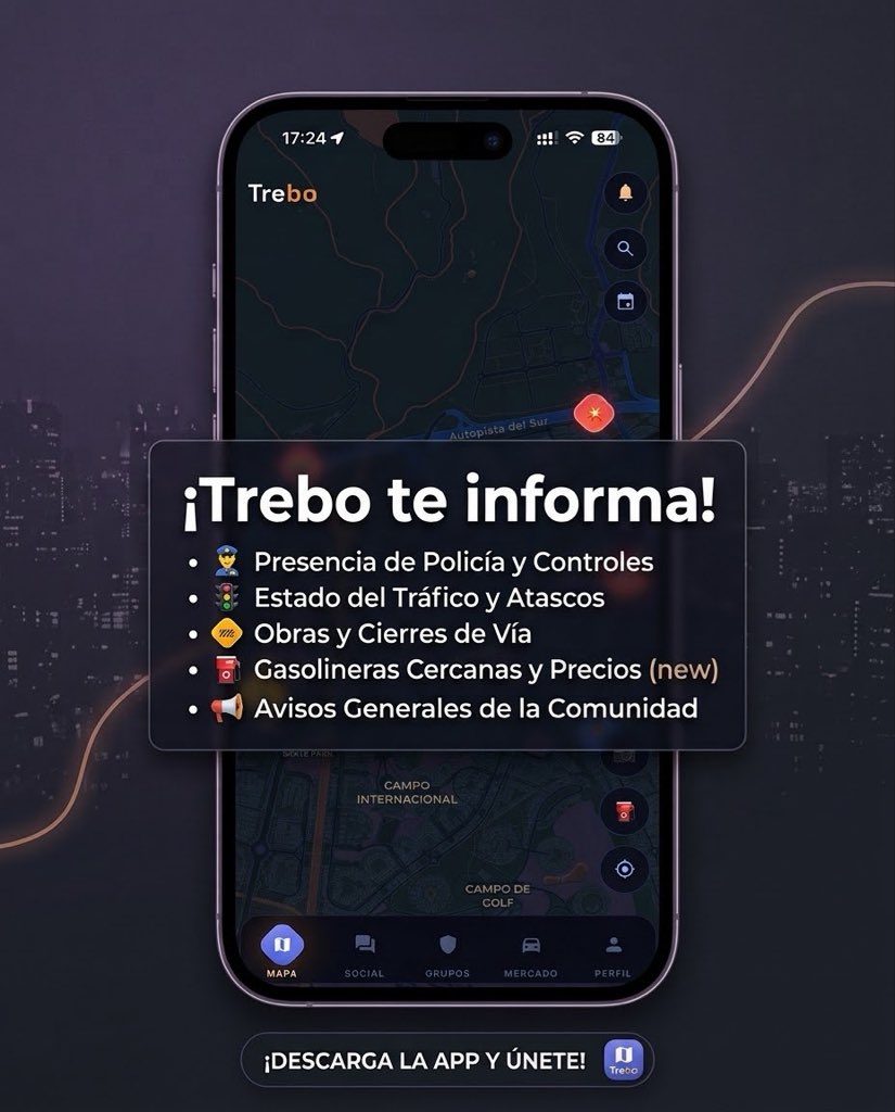 treboapp's tweet photo. Conduce informado y sin sorpresas en la carretera 🚗💨
Con Trebo, tienes el control de tu ruta en tiempo real gracias a la comunidad:
 
👮 Controles y presencia policial
🚦 Estado del tráfico y atascos
🚧 Obras y cortes de vía
⛽ Gasolineras cercanas y mejores precios https://t.co/8AZtL5CzMt