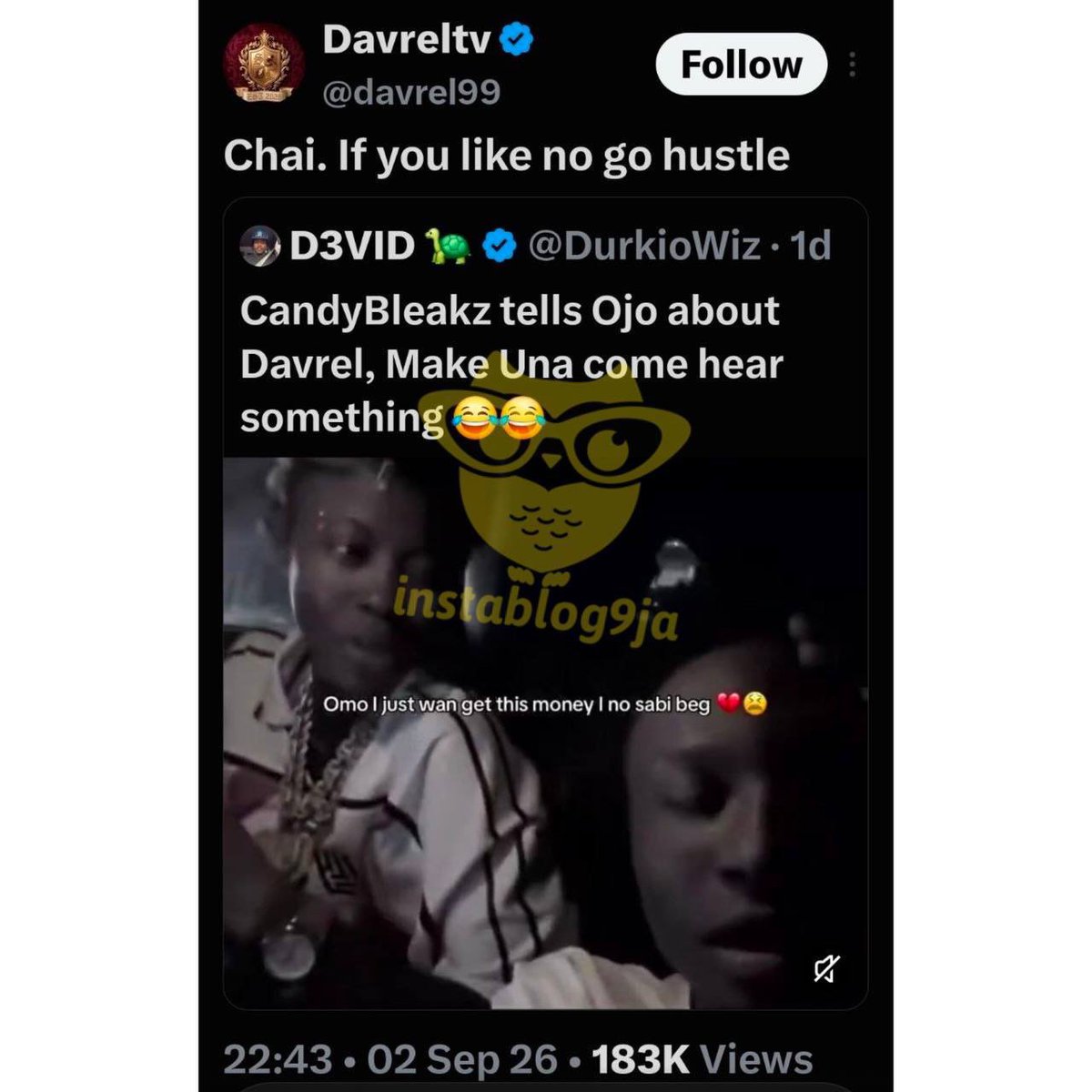 instablog9ja's tweet photo. Your biggest achievement is your dad’s wealth. You lack sense — CandyBleakz lampoons streamer Davrel for telling her to go hustle https://t.co/s4ZMaezPBr