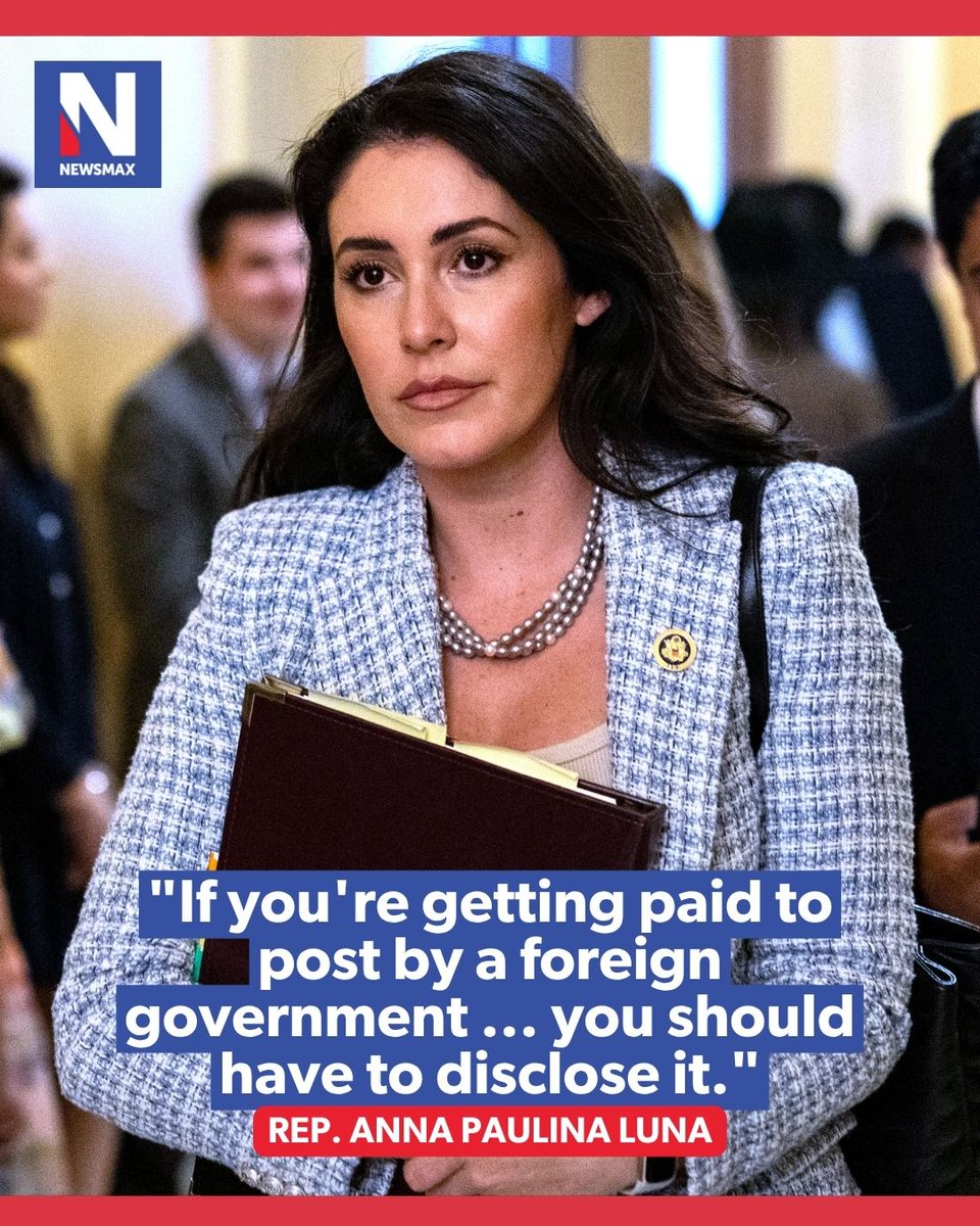 NEWSMAX's tweet photo. INFLUENCER PAY: Florida Rep. Anna Paulina Luna told NEWSMAX Wednesday that she has introduced legislation that would require social media influencers being paid to push content by foreign governments to disclose who is funding them. https://t.co/JTkWsdhjOx