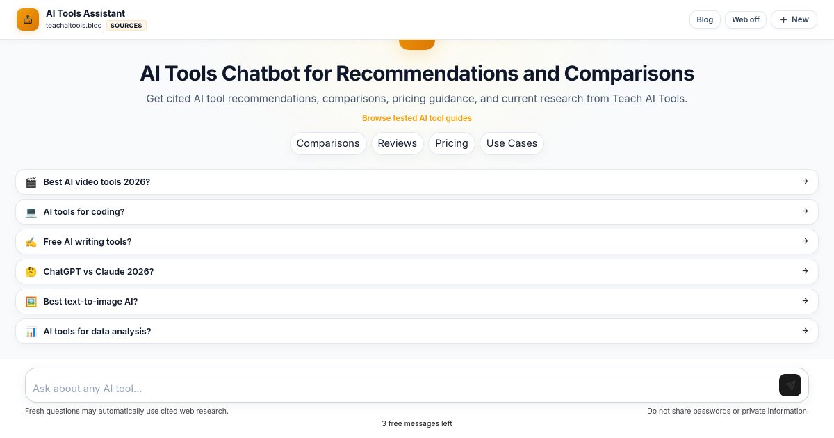 teachaitools's tweet photo. Need up‑to‑date answers on AI tool pricing, models or best‑in‑class alternatives? Our free AI assistant pulls live web data and cites sources, giving you concise recommendations and comparisons in real time. 📊 #AI #TeachAITools https://t.co/tVKn6yBOu4