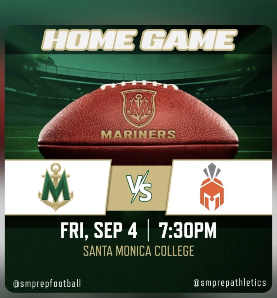 stmonicafb's tweet photo. Friday night. Home field. Let’s go, Mariners. ⚓️🏈
@CoachTBarnes
#Protectthehouse
#GoMariners
#MarinerFootball https://t.co/nHVrjpiy9c