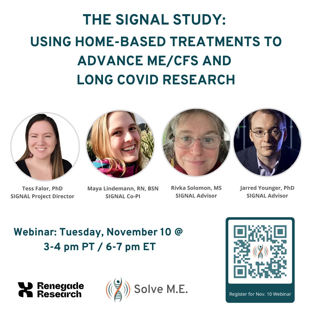 Portraits of four Renegade Research reps who are panelists for the Nov. 10 Solve M.E. webinar on the SIGNAL study. The study lends therapeutic devices to people with ME/CFS and Long COVID at no cost for home use and collects their data for research.