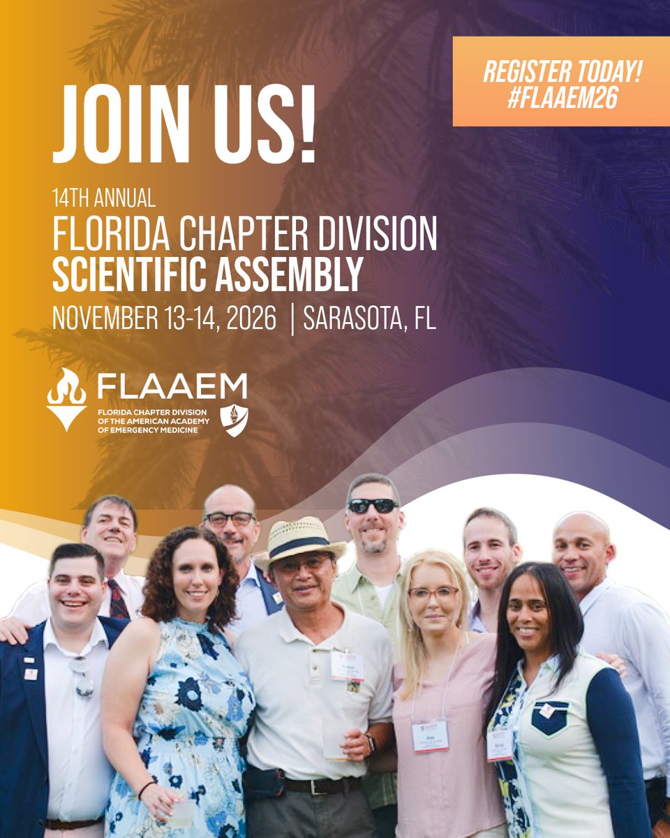 aaeminfo's tweet photo. Sunshine, palm trees, and Florida’s EM community! 🌴

Join us in Sarasota for the 14th Annual FLAAEM Scientific Assembly! Two days of hands-on learning, networking, and new ideas.

📅 Nov 13–14, 2026
🔗 See you there:  https://t.co/rp3yzgOgl4

#FLAAEM26 #EmergencyMedicine https://t.co/LEJSXP2py5