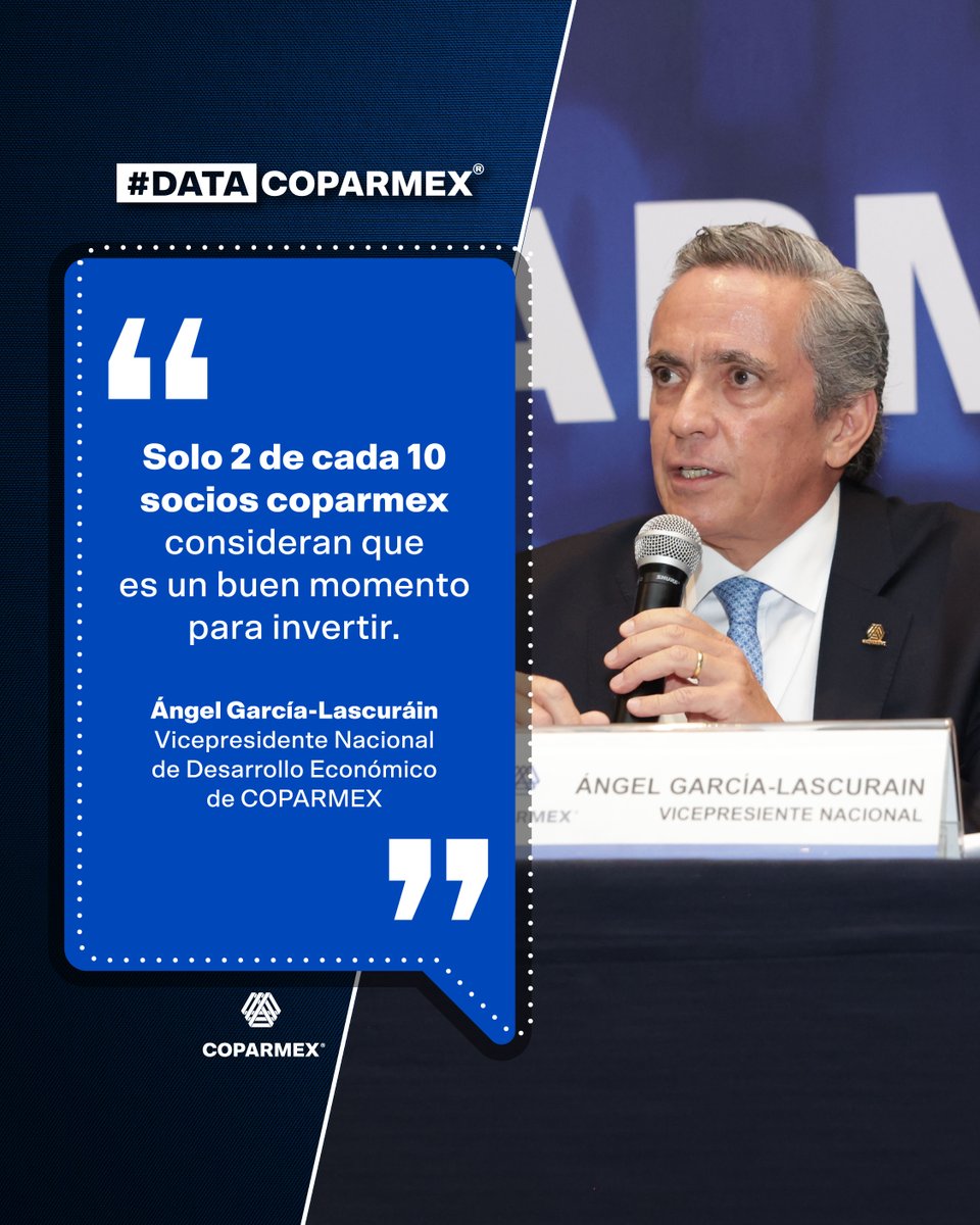 Coparmex's tweet photo. 📉 #DataCOPARMEX | La confianza para invertir enfrenta un escenario de cautela: solo 2 de cada 10 socios consideran que es un buen momento para invertir.
@AngelGLascurain, Vicepresidente Nacional de Desarrollo Económico de COPARMEX. https://t.co/o3qditEEZk