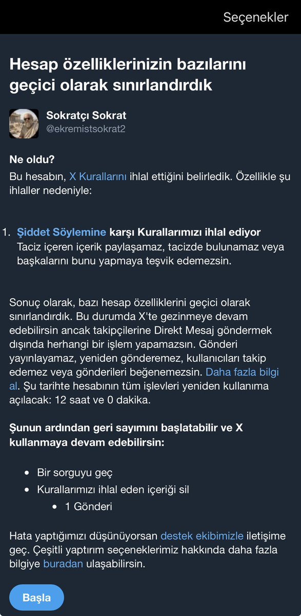 sokratydk's tweet photo. Arkadaşlar şikayet üzerine hesap 12 saat sınırlandırıldı şikayet edilen tweeti sonra ayrıntılı konuşuruz. Hesap kapatılmazsa yarın görüşürüz https://t.co/vS47MbxQm1