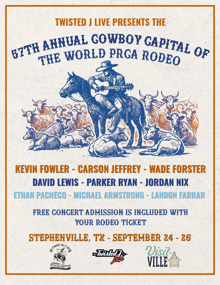 txmusicoffice's tweet photo. The 57th Annual Cowboy Capital of the World PRCA Rodeo rides into Stephenville, Texas, September 24–26, 2026, bringing three nights of top-notch professional rodeo action to the Priefert Cowboy Capital Fairgrounds Arena, 9875 U.S. Highway 67, Stephenville, TX. Each performance begins at 7 p.m., with plenty of Western excitement as Stephenville celebrates its heritage as the Cowboy Capital of the World. Cowboy Capital of the World Fairgrounds.

The rodeo weekend also features live music following each performance. Thursday, Sept. 24: Kevin Fowler, David Lewis, and Ethan Pacheco; Friday, Sept. 25: Carson Jeffery & Parker Ryan and Michael Armstrong; and Saturday, Sept. 26: Wade Forster, Jordan Nix, and Landon Farrar. Admission to the concerts is included with a rodeo ticket, making this a full night of rodeo thrills and Texas country music.

@stephenvilletvb