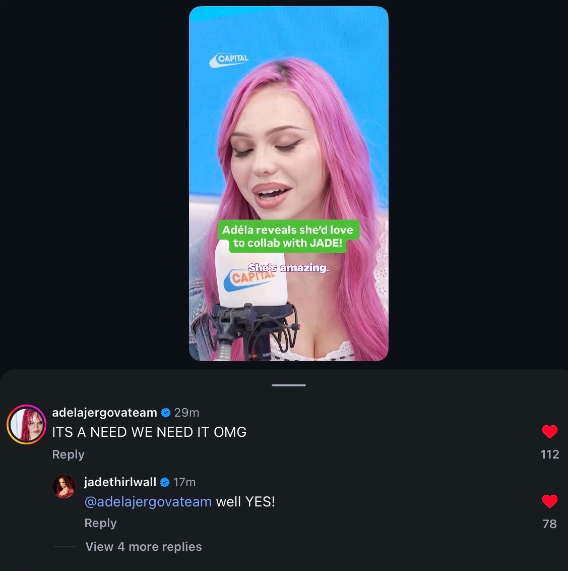 JADEtearoom's tweet photo. JADE responds to an interview clip where ADÉLA says she’d like to collab with her: “well YES!” https://t.co/eTFly0EMuo