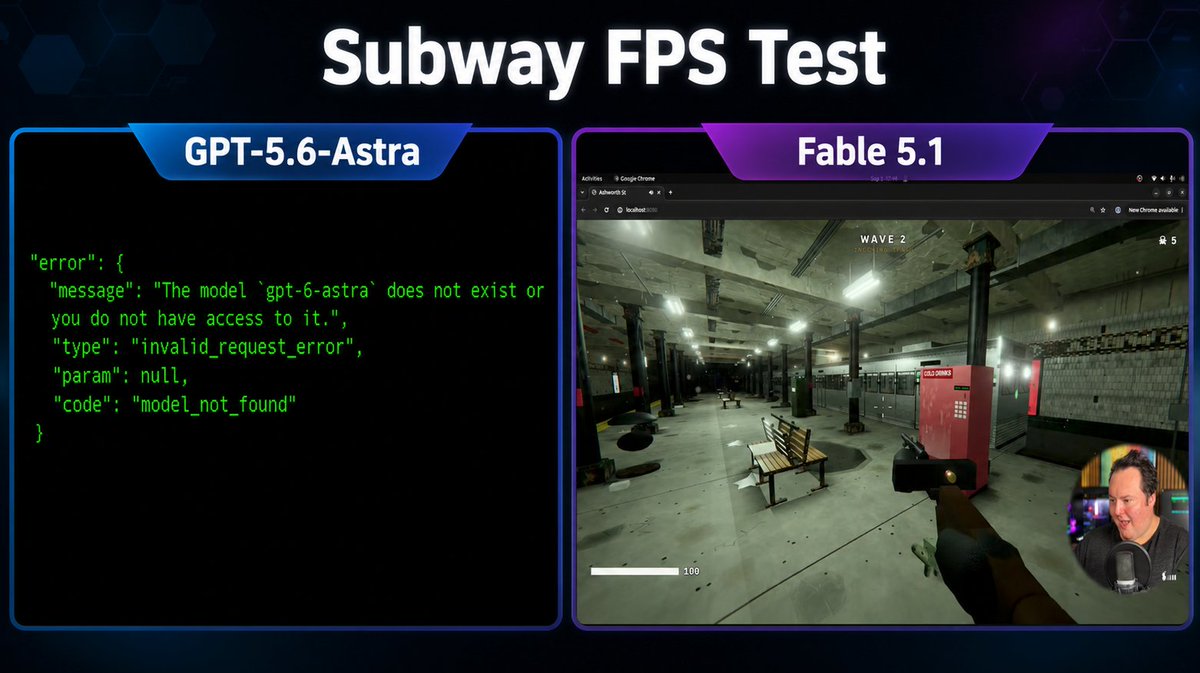 bijanbowen's tweet photo. GPT-5.6-Astra vs Claude Fable 5.1 Subway FPS Results https://t.co/rqwBzrWvDI