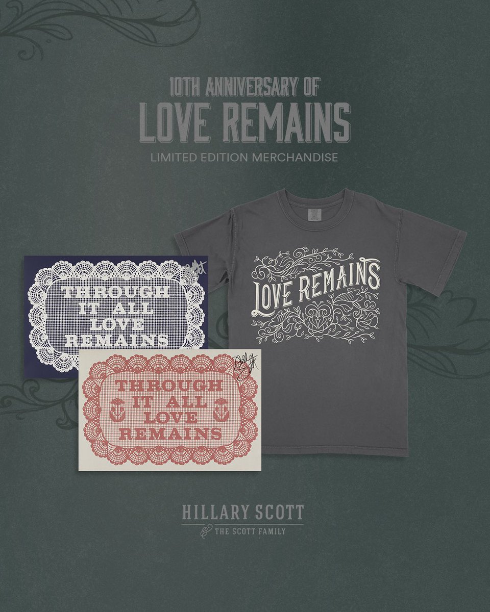 HillaryScottLA's tweet photo. I’m so excited to share that we’ve created a limited run of Love Remains merch in honor of its 10th anniversary! ✨ You can shop the collection now. https://t.co/SRwCriBM8f https://t.co/iRm2kCLrjX