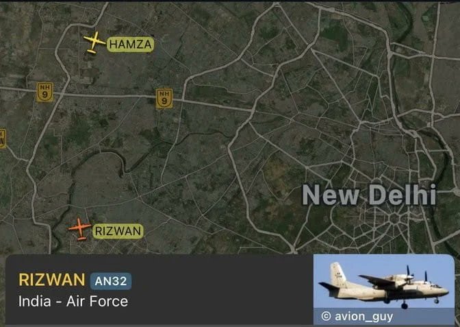 WarMonitorINTL's tweet photo. TWO IAF AN-32 TRANSPORT AIRCRAFT SPOTTED IN NEW DELHI ON WEDNESDAY USING CALL SIGNS "RIZWAN" &amp; "HAMZA" https://t.co/Sc2SldR480