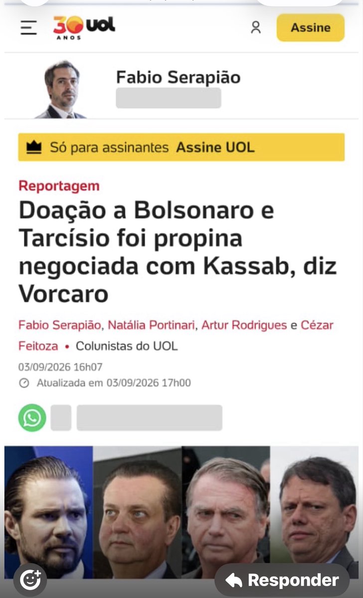 YviCarneiro's tweet photo. Vilxe! Jamais imaginaria! Foi isso mesmo que eu li ???
“Doação a Bolsonaro e Tarcísio foi propina negociada com Kassab, diz Vorcaro” https://t.co/Q9ta8nuG4t
