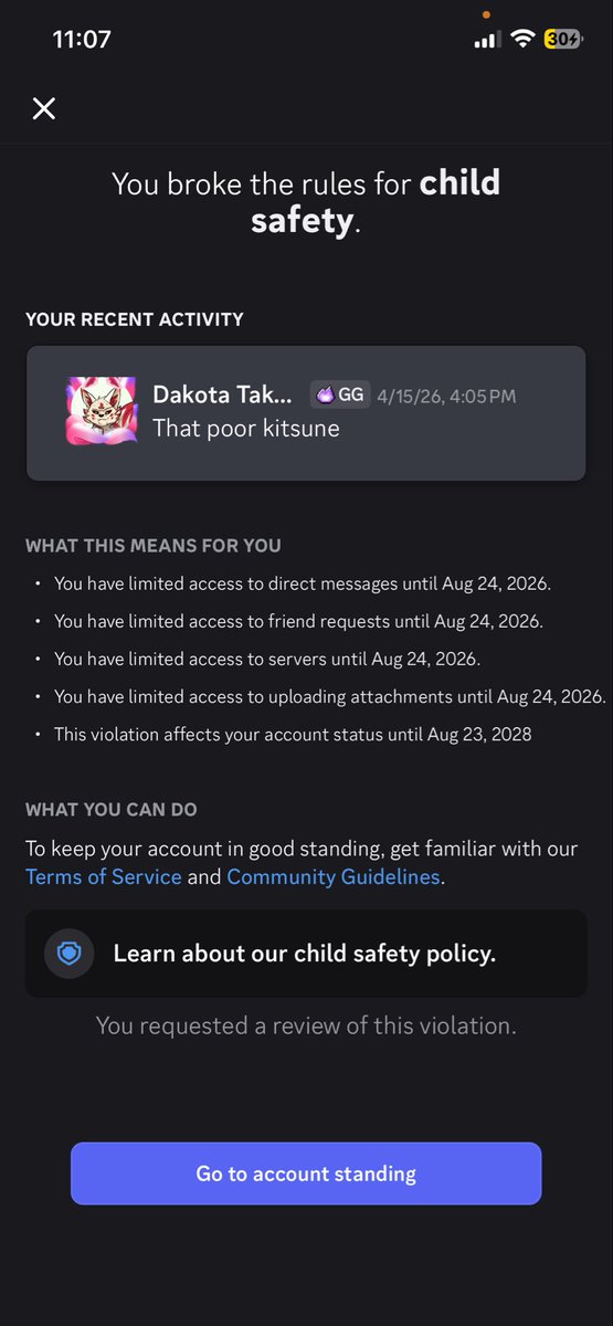 DakisukeH's tweet photo. @WumpusCentral You’re telling me that not only they won’t remove this false policy violation: https://t.co/fXM2YLk8FX