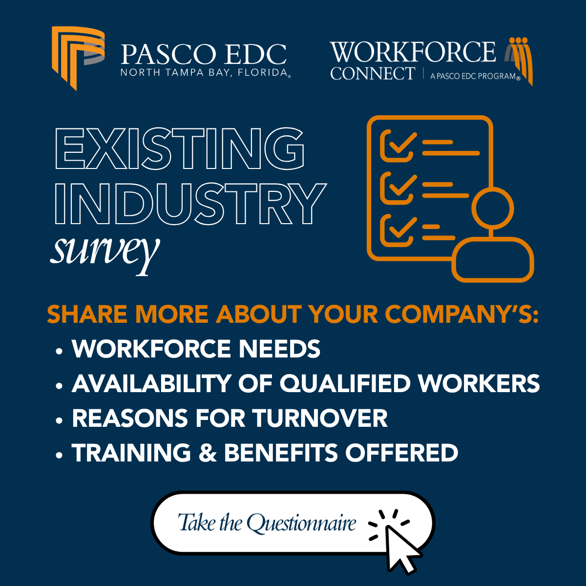 PascoEDC's tweet photo. 📣 Pasco County businesses, we need your input!

Take our brief survey and help us understand what local businesses need most. Your feedback will help shape future programs, resources, and advocacy.

👉 Share your input: https://t.co/O00vUKrRNS
#PascoProud #PascoBizConnect https://t.co/s7v2LPQLZ1