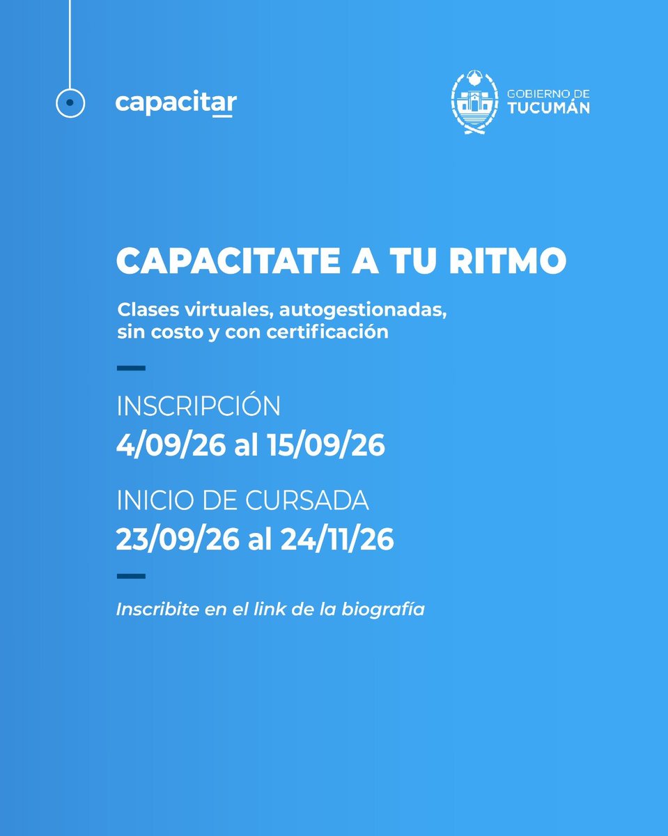 capacitar_'s tweet photo. Si vivís en Tucumán, podés formarte para potenciar tu perfil laboral, desarrollar un emprendimiento o adquirir nuevas capacidades.

Elegí tu trayecto en Capacitar. Son virtuales, autogestionados, sin costo y con certificación.

Inscribite hasta el 15/9: https://t.co/2hlPyl07Sg https://t.co/hrzzJO26t8