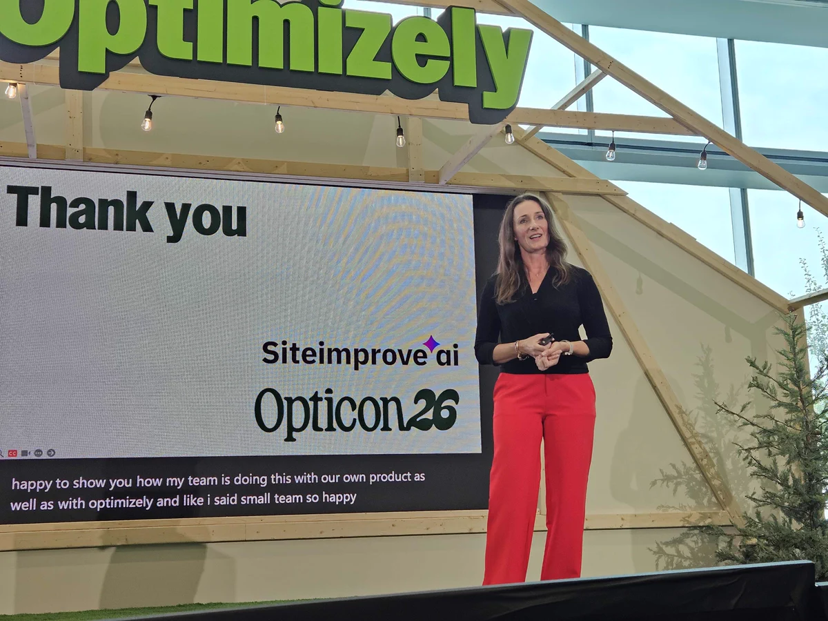 Siteimprove CMO Jen Jones speaks on stage at Opticon26 beneath a large Optimizely sign, next to a closing slide that reads "Thank you" with the Siteimprove.ai and Opticon26 logos.