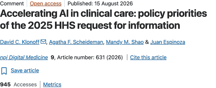 sammargolis_'s tweet photo. A Comment reads the HHS request for information on accelerating AI in clinical care, using diabetes as the exemplar across CGM, automated insulin delivery and decision support.

Comments on that RFI closed in February. Klonoff &amp; Espinoza https://t.co/gr0ERfBPYC