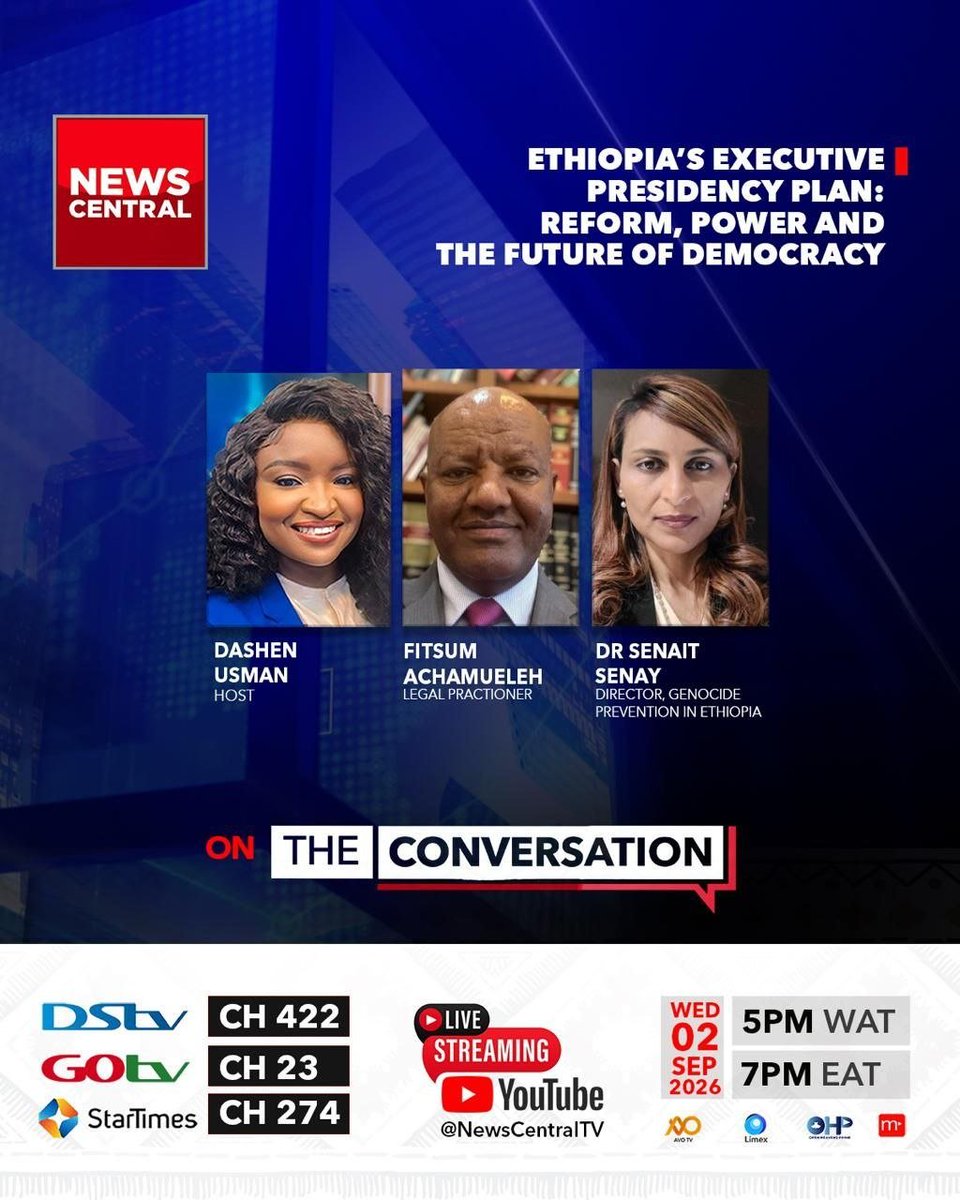 GPEthiopia's tweet photo. #GPE_MediaAlert 

https://t.co/nSde05Z2IZ

Fitsum Achamyeleh (@fitsumaalemu)  and Senait Senay (@SenaitSenay)  discussed the current situation in Ethiopia with Host Dashen Usman on her show "The Conversation" on News Central TV.

Official program description by @NewsCentralTV  
"Ethiopia’s national dialogue has backed a major political change that could replace the current prime minister and ceremonial president structure with a single executive presidency. Supporters say the move could create stronger national leadership, while critics argue it could concentrate more power in Prime Minister Abiy Ahmed's hands.

Legal practitioner Fitsum Achamyeleh and Senait Senay, Director of Genocide Prevention in Ethiopia (GPE), join the conversation.

SUBSCRIBE to our YouTube channel:     / newscentraltvafrica  ​ for more videos

Follow News Central on: 
Facebook:    / newscentralafrica  ​
Twitter:    / newscentraltv  ​
Instagram:    / newscentraltv