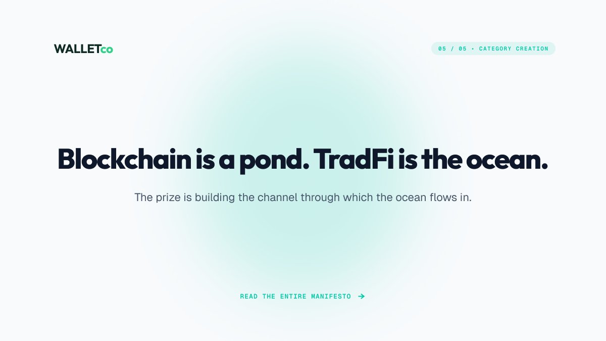 HelloNavra's tweet photo. This isn't about shifting market share. It's about creating a whole new category.

Right now, blockchain is just a pond, while traditional finance is the ocean. The real opportunity is building the channel that lets the ocean flow in.
​
Read @mcagney full manifesto here: 

https://t.co/RMn2wC9lsw