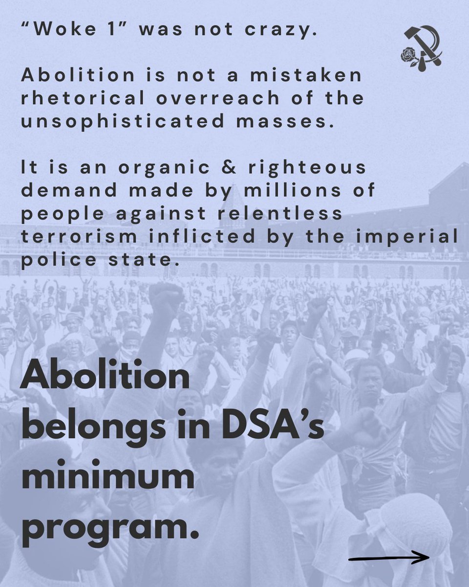 MarxistUnityDSA's tweet photo. Marxist Unity Group deliberated &amp; voted on the following statement to demonstrate our commitment to abolition as a central tenet of DSA's program.

The working class cannot rule while a large part of it remains policed &amp; caged.

While there is a soul in prison, we are not free. https://t.co/Jn74J4zL6N