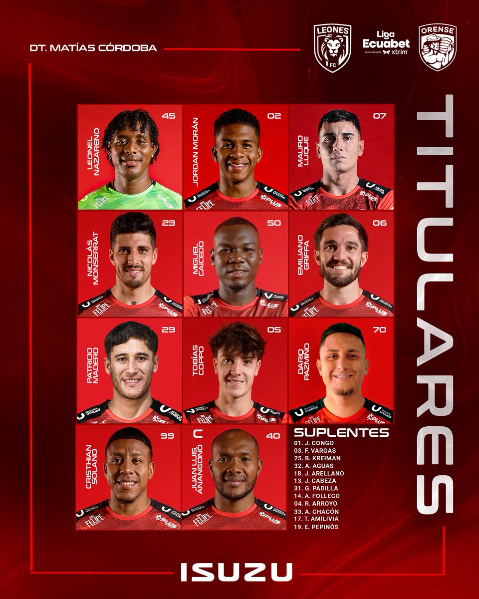 LeonesFC_Ec's tweet photo. ✅🙌🏻 | Nuestro XI
🆚 #OrenseSC
📆 16h30
📍 Olímpico de Ibarra
🏆 #LigaEcuabet #JuntosVamosPorMás #VamosLeones🦁 https://t.co/WFy2RuBhSm