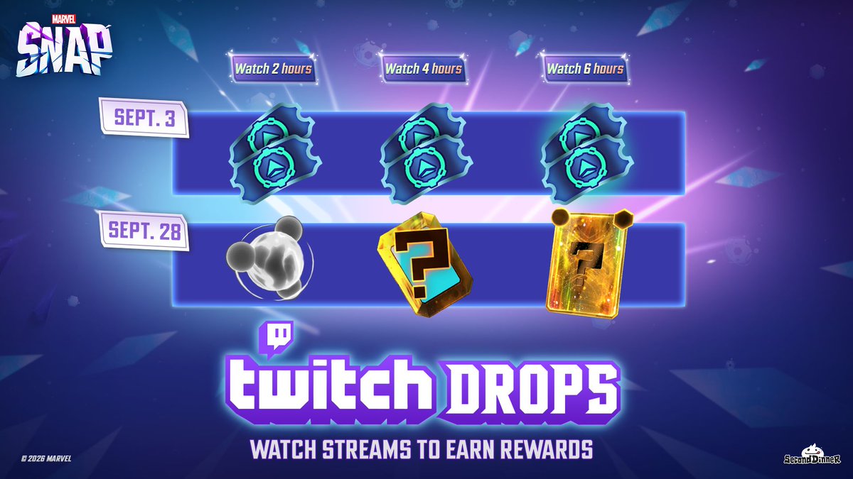 MARVELSNAP's tweet photo. MARVEL SNAP Twitch Drops are live. Watch participating streams over the next 4 days to earn Draft Tickets: 2 at 2 hours, 2 more at 4, and 2 more at 6. That's up to 6 tickets for your Draft runs. Link your Twitch account and tune in! https://t.co/ShjX9RO8Fx