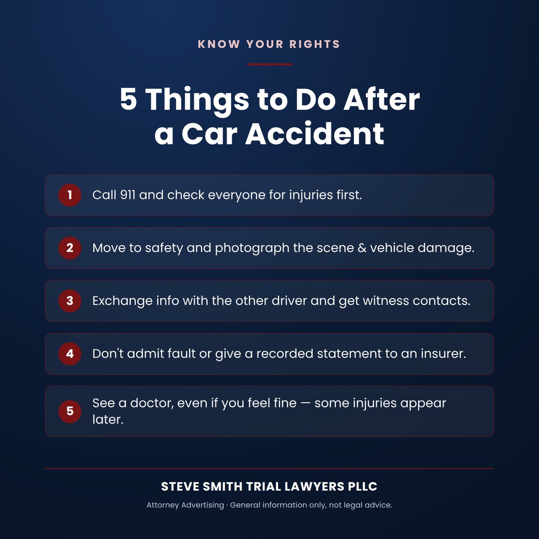 MaineLawyer's tweet photo. 🚗 In a car accident? 5 quick steps: 1) Call 911, check for injuries 2) Photograph the scene 3) Exchange info + get witnesses 4) Don't admit fault to insurers 5) See a doctor, even if you feel fine.
Save this thread. 
#PersonalInjury #KnowYourRights https://t.co/sJtgMcE3R4