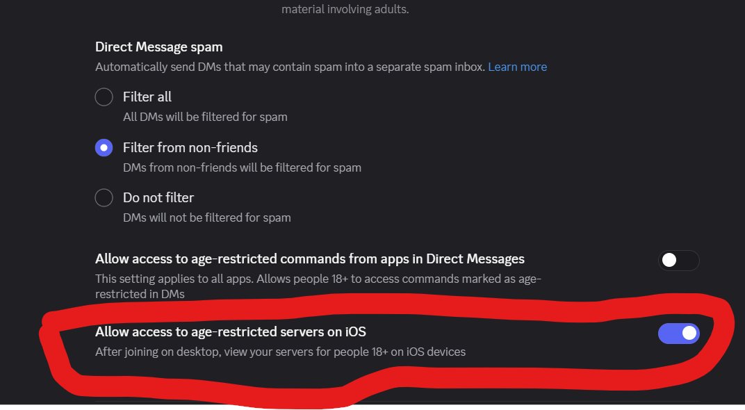 MNeeley223's tweet photo. @Mark1fvx @BlueHairDntKare There is a Discord Setting you have to change from a desktop version to allow adult servers on IOS. - Cali's Discord Mod https://t.co/lFcm0NHPkF