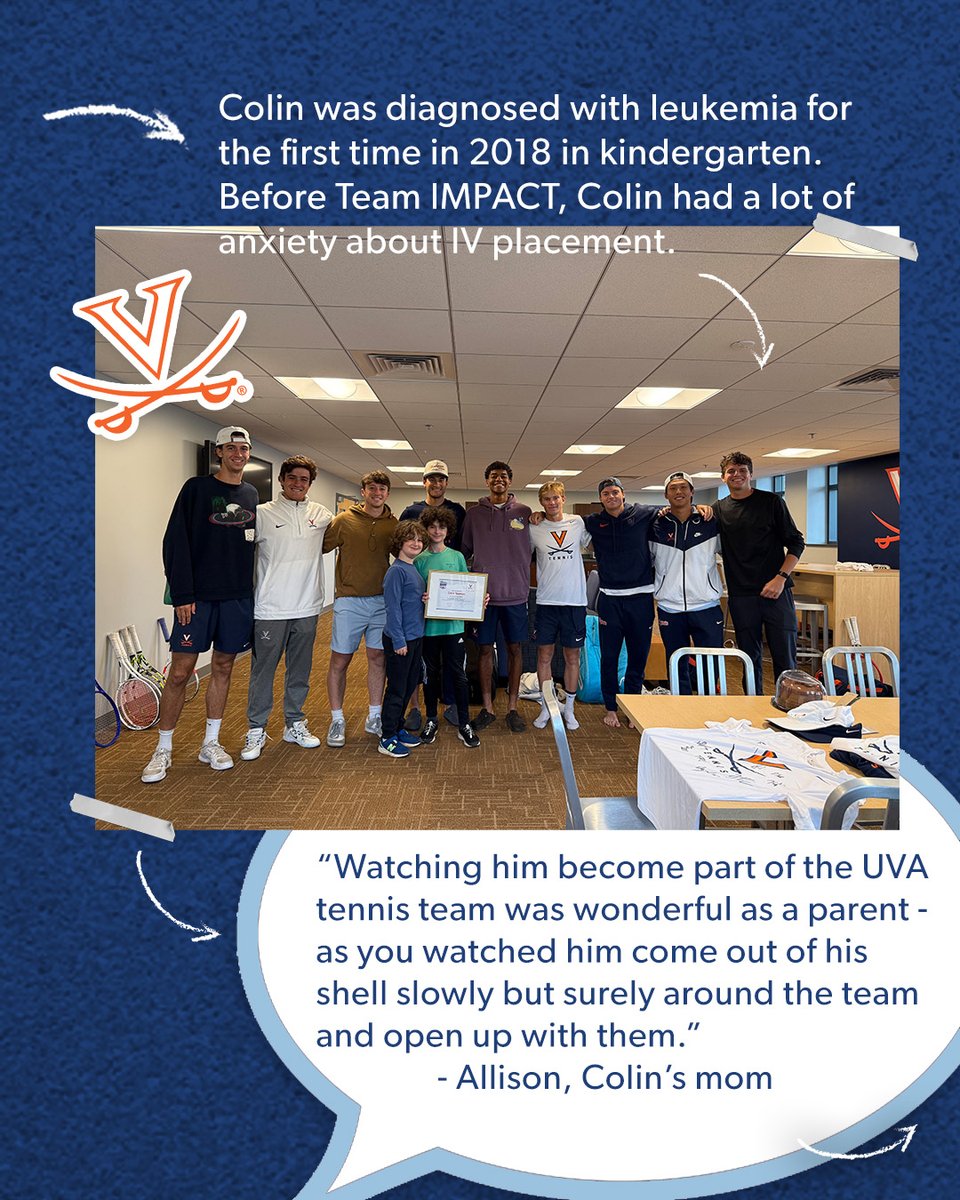 GoTeamIMPACT's tweet photo. The team has always 𝙨𝙝𝙤𝙬𝙣 𝙪𝙥 for Colin. 🎾

The @UVAMensTennis team, has helped Colin open up and supported him at important times. Last year, they won the NCAA Championship with Colin right by their side. Read their story now:

#AllInAllTogether #ChildhoodCancerAwareness https://t.co/efbbnz5xPo