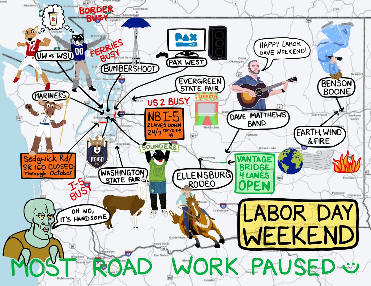 wsdot_traffic's tweet photo. Labor Day marks our last Paint Map of the summer. As a goodbye, enjoy this Handsome Squidward edition of the map.

Most highway construction is paused, but roads will be BUSY with fun events aplenty!

Check out our holiday travel charts to plan your trip: 
https://t.co/Na9fBWgdVU https://t.co/V1t1DsJh8c