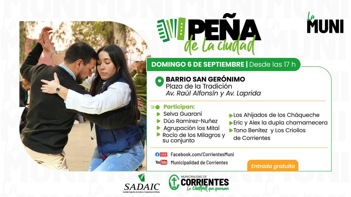 municorrientes's tweet photo. Un nuevo domingo a puro chamamé en la #PeñaOficial de la Ciudad 🪗 Desde las 17, destacados artistas de la región se lucirán en el escenario de la plaza de la Tradición para disfrutar de una tarde a puro chamamé 💃 ¡Los esperamos! https://t.co/YUqC8NoROY