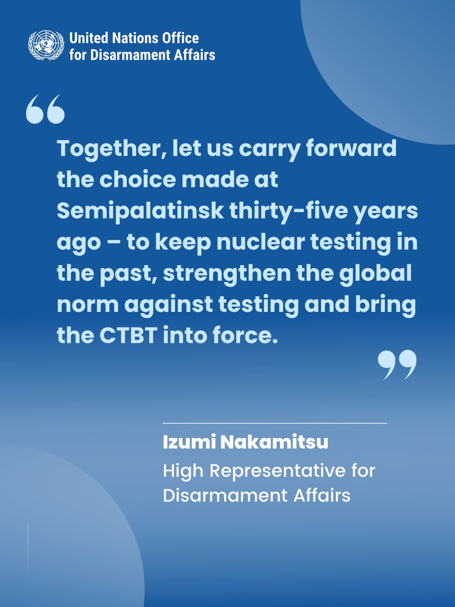 UN_Disarmament's tweet photo. On 31 August, High Representative for Disarmament Affairs Izumi Nakamitsu delivered remarks at a reception dedicated to the International Day against Nuclear Tests hosted by the Permanent Mission of Kazakhstan.
Statement: https://t.co/wYfIWFcCV6
#IDANT #CTBT30 #CTBT https://t.co/O02kyw5kpO