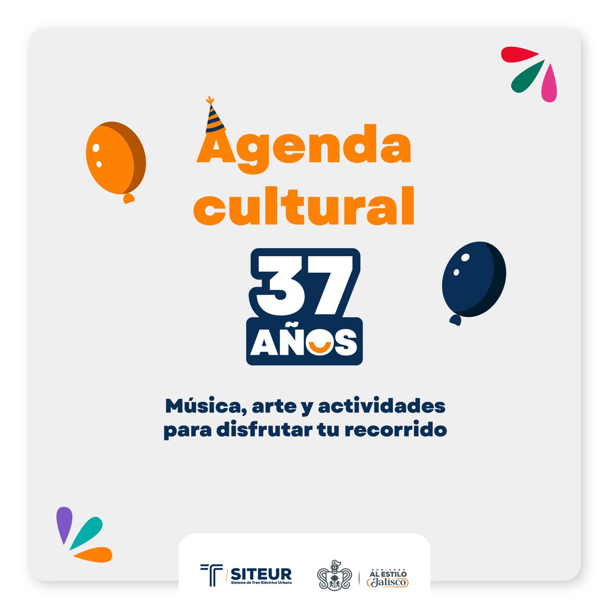 SITEURJAL's tweet photo. Este septiembre, la celebración también hace parada en #MiTren.
En el marco de nuestro 37 aniversario, disfruta música, arte, exposiciones y actividades especiales en estaciones como Juárez y San Juan de Dios.
Consulta la agenda y celebra con nosotros.
#AvanzamosPorJalisco https://t.co/hk5TSkpigg