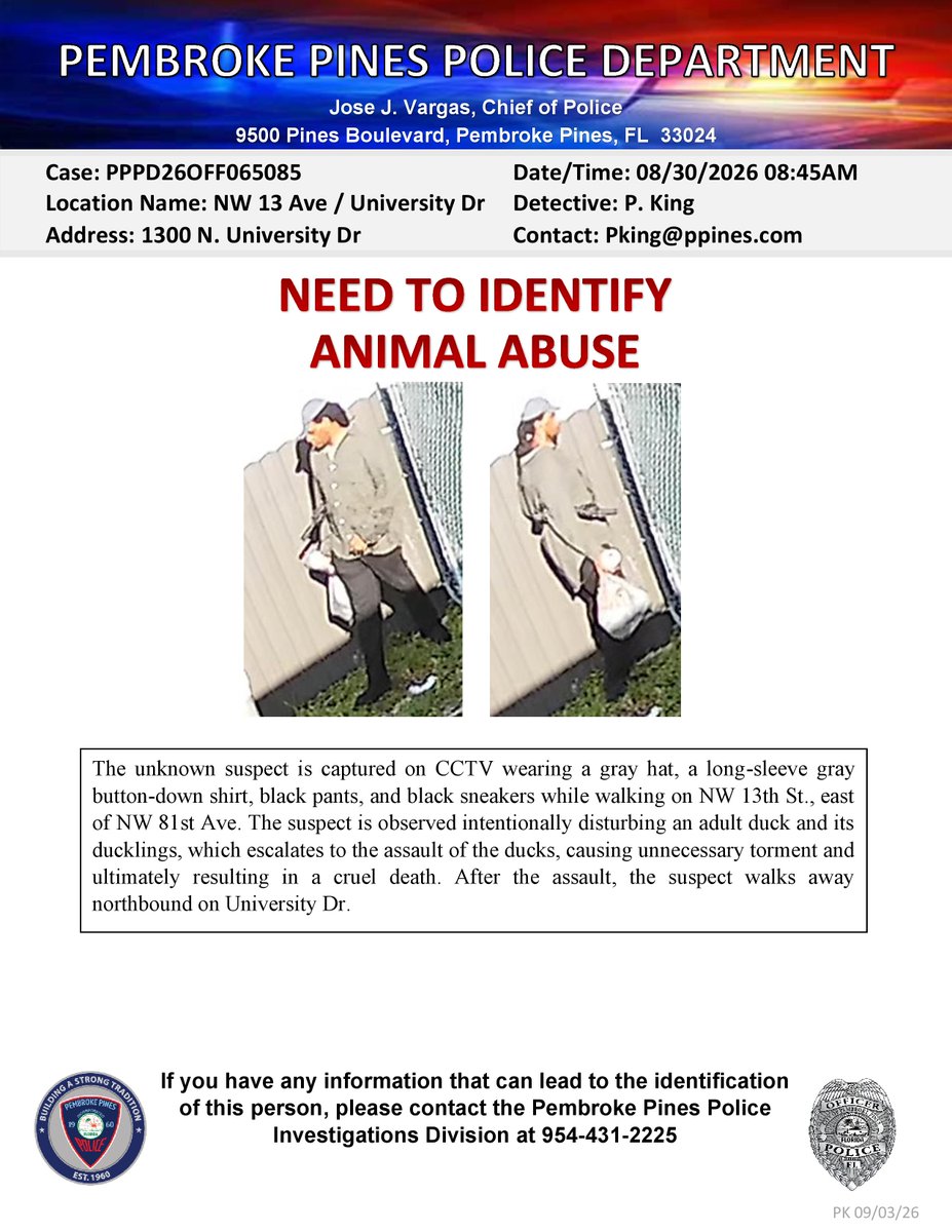 PPinesPD's tweet photo. NEED TO IDENTIFY: On August 30th, this man was caught on camera intentionally tormenting &amp; killing a mother duck and her ducklings in the area of 1300 N University Dr.  Can you identify him?  We believe he frequents the area.

Contact Detective King at 954-431-2225 with any info. https://t.co/9H1WSgXfbr