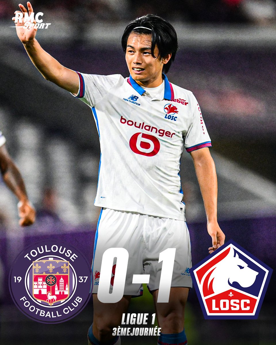 RMCsport's tweet photo. 🔥 Lille s'impose à Toulouse (1-0) et prend provisoirement la tête de la Ligue 1 !

Ueda a profité d'une grossière erreur de main de Niflore pour marquer son premier but avec le LOSC ! 
https://t.co/gKK8Ye8xHO https://t.co/QJbFhe0v7Z