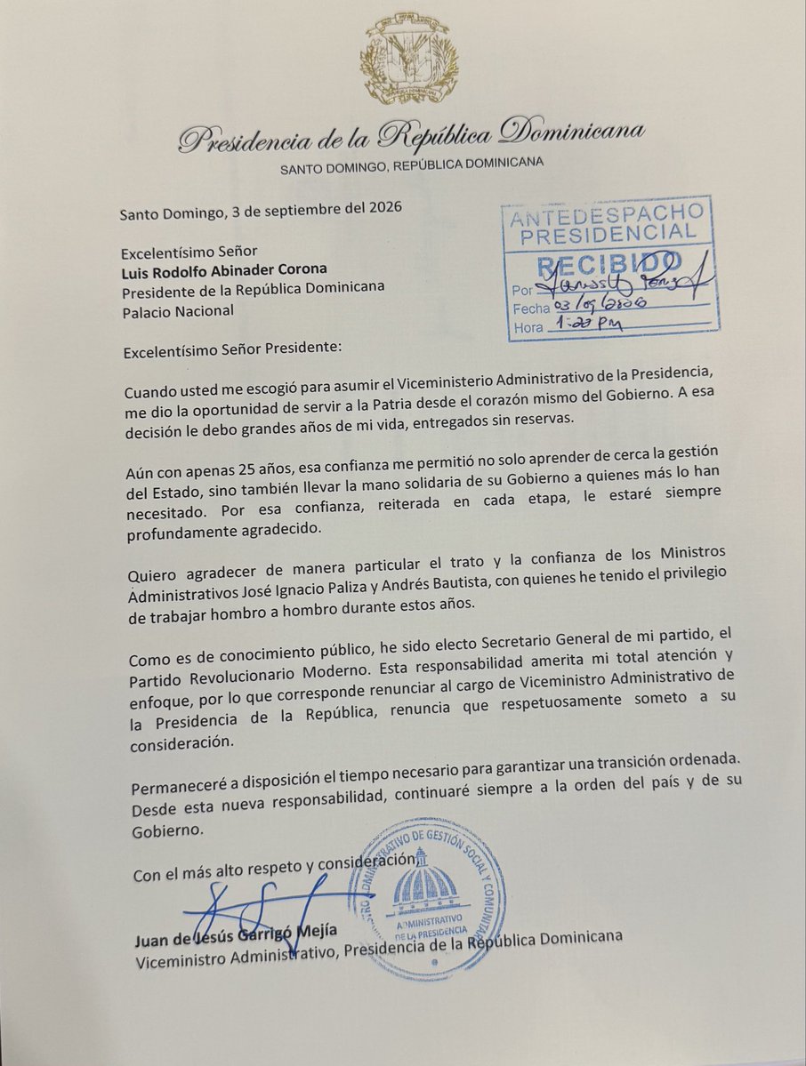 jgarrigomejia's tweet photo. Durante los últimos seis años me he dedicado en cuerpo y alma al servicio público desde el Ministerio Administrativo de la Presidencia. Ha sido un privilegio servir al país y brindar una mano amiga a quienes más lo necesitan, siempre con respeto y preservando su dignidad.

Hoy he presentado al presidente @LuisAbinader mi renuncia como viceministro administrativo, profundamente agradecido por la confianza depositada en mí durante estos años y por la oportunidad de servir a nuestro país desde el Gobierno.

El sentido de responsabilidad y la coherencia me llevan a dar este paso. A partir de este domingo 6 asumiré plenamente mis responsabilidades como Secretario General del PRM, dedicando todo mi tiempo, esfuerzo y compromiso a esta nueva etapa.

Hay responsabilidades que se dejan, pero hay compromisos que no terminan: servir al país es uno de ellos.