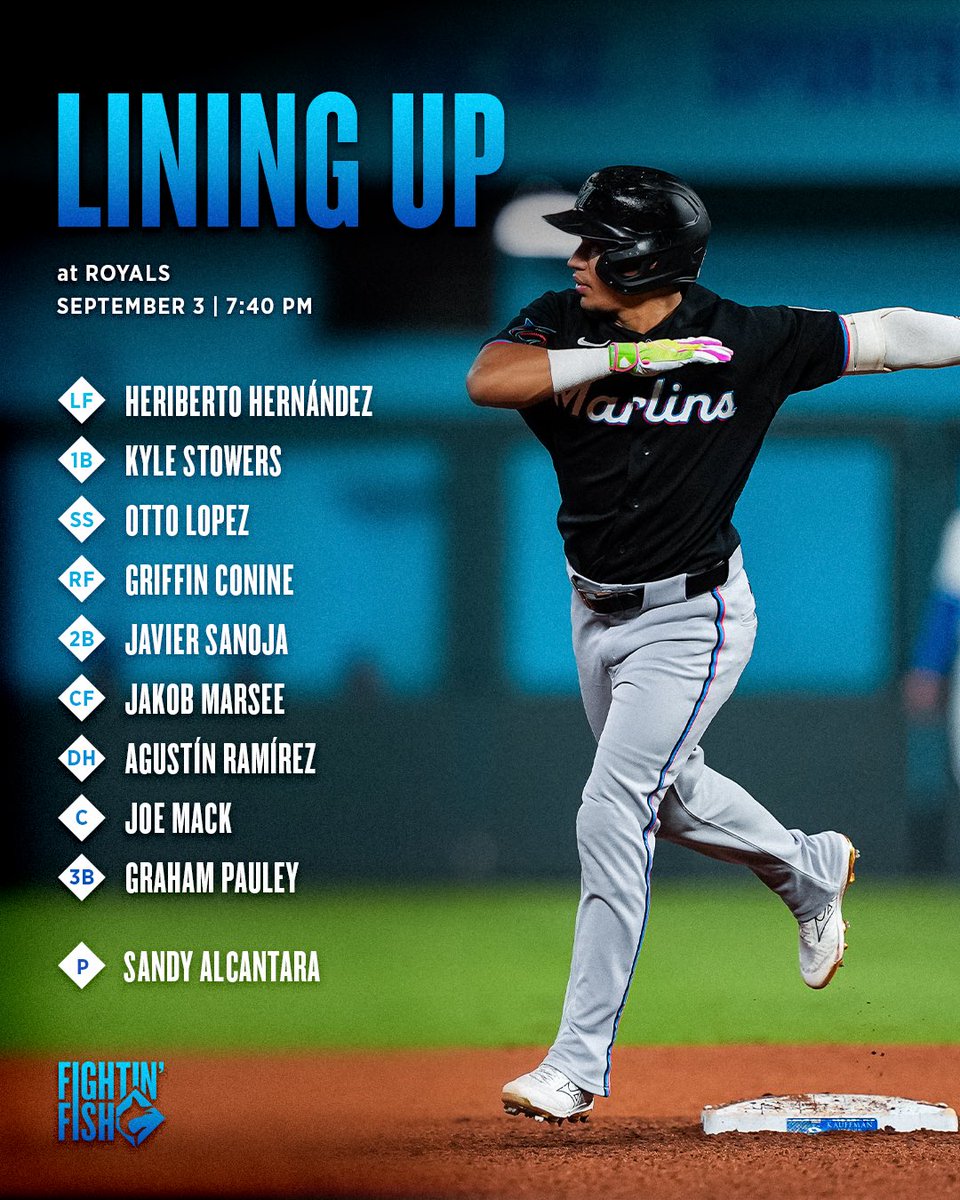 Marlins's tweet photo. Finale in K.C. 

📺: https://t.co/CoO4Nlpkc8
👂: @MarlinsRadio, @radiomambi710, @1043wqam 
⏰: 7:40 PM ET

#FightinFish https://t.co/dVzhdE6ENU