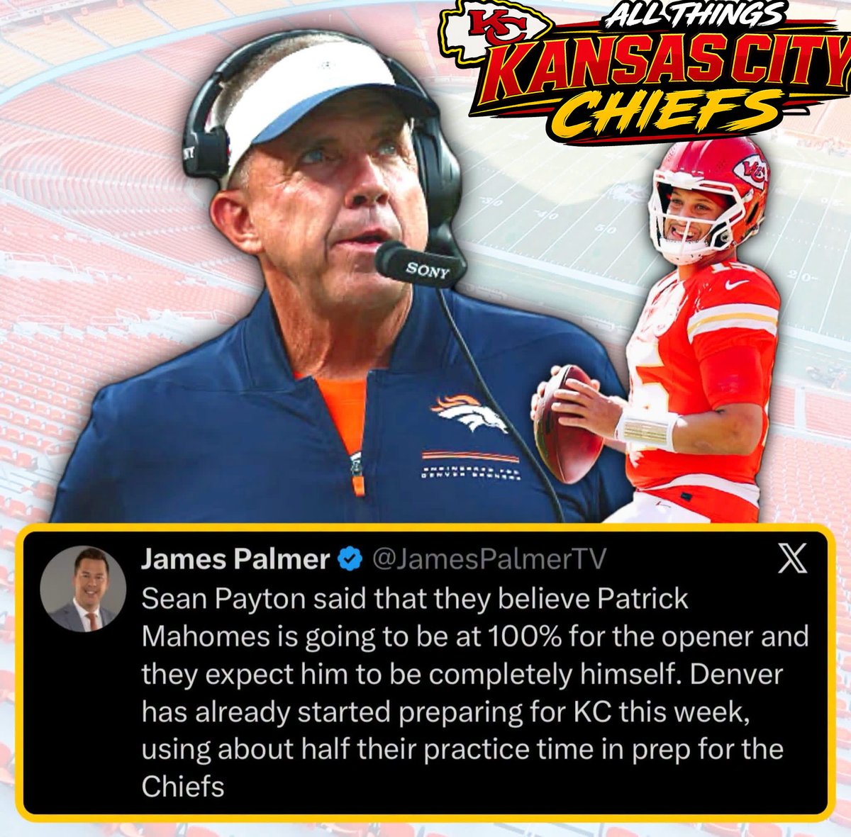 ATKCChiefs's tweet photo. 👀 No surprise here…

Sean Payton says the Broncos are preparing for Patrick Mahomes at his BEST for Monday Night Football.

They’re expecting QB1. 🔥

Chiefs Kingdom, are you ready? 👑❤️💛

#ChiefsKingdom #Chiefs #KansasCityChiefs #PatrickMahomes #NFL https://t.co/EwsqKdAtVc
