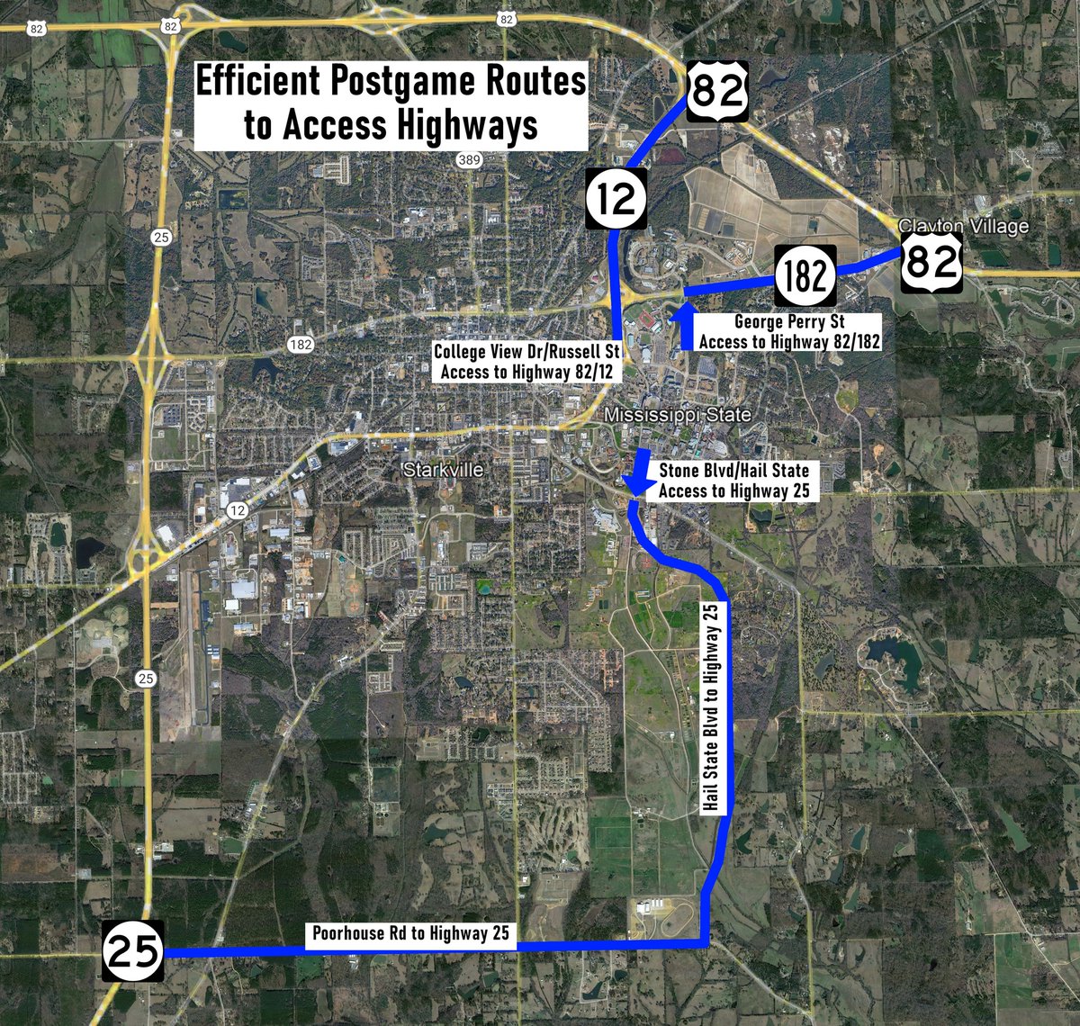 Starkville_PD's tweet photo. 2026 Football Postgame Traffic

Please familiarize yourself with the expected traffic flow in the Starkville area after the game this weekend. It takes time to clear traffic after major events. We know it can be inconvenient but please remember that everyone didn't arrive at the game in five minutes so it takes us a little time to clear visitors that are leaving. Typical alternate routes, used day-to-day to avoid traffic, are closed to utilize major thoroughfares. This traffic flow starts at the end of the game and continues until the area is sufficiently clear of heavy traffic.

More traffic maps: https://t.co/w0mto0A9IF

All gameday info: https://t.co/IUbDYVqGCM