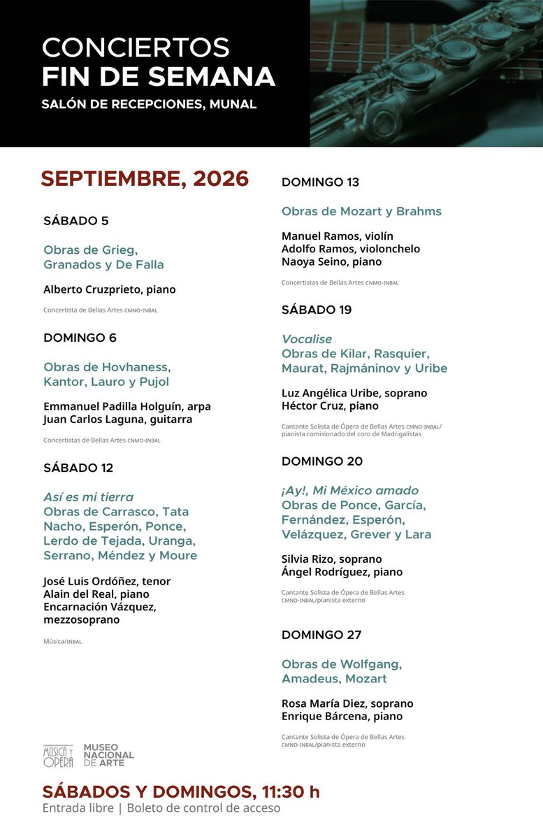 MUNALmx's tweet photo. ¿Buscas un plan especial para el fin de semana? 🎻✨

Acompáñanos para disfrutar las presentaciones que la Coordinación Nacional de Música y Ópera @MusicaINBAL tiene preparadas en el emblemático Salón de Recepciones.

¡Te esperamos! 

Entrada libre | Cupo limitado. https://t.co/QGsrlRbULn