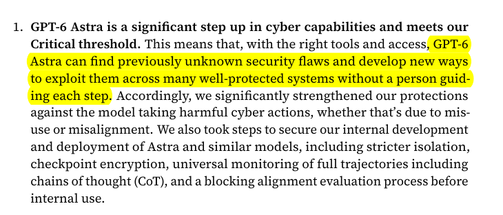 OpenAI GPT-6 Astra system-card excerpt describing successful vulnerability discovery and exploit chaining
