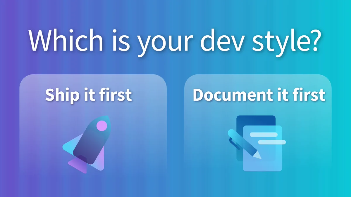 A gradient background transitioning from purple to teal. Two squares are displayed: the left has a rocket icon with the text 'Ship it first' and the right has a notepad icon with the text 'Document it first'.