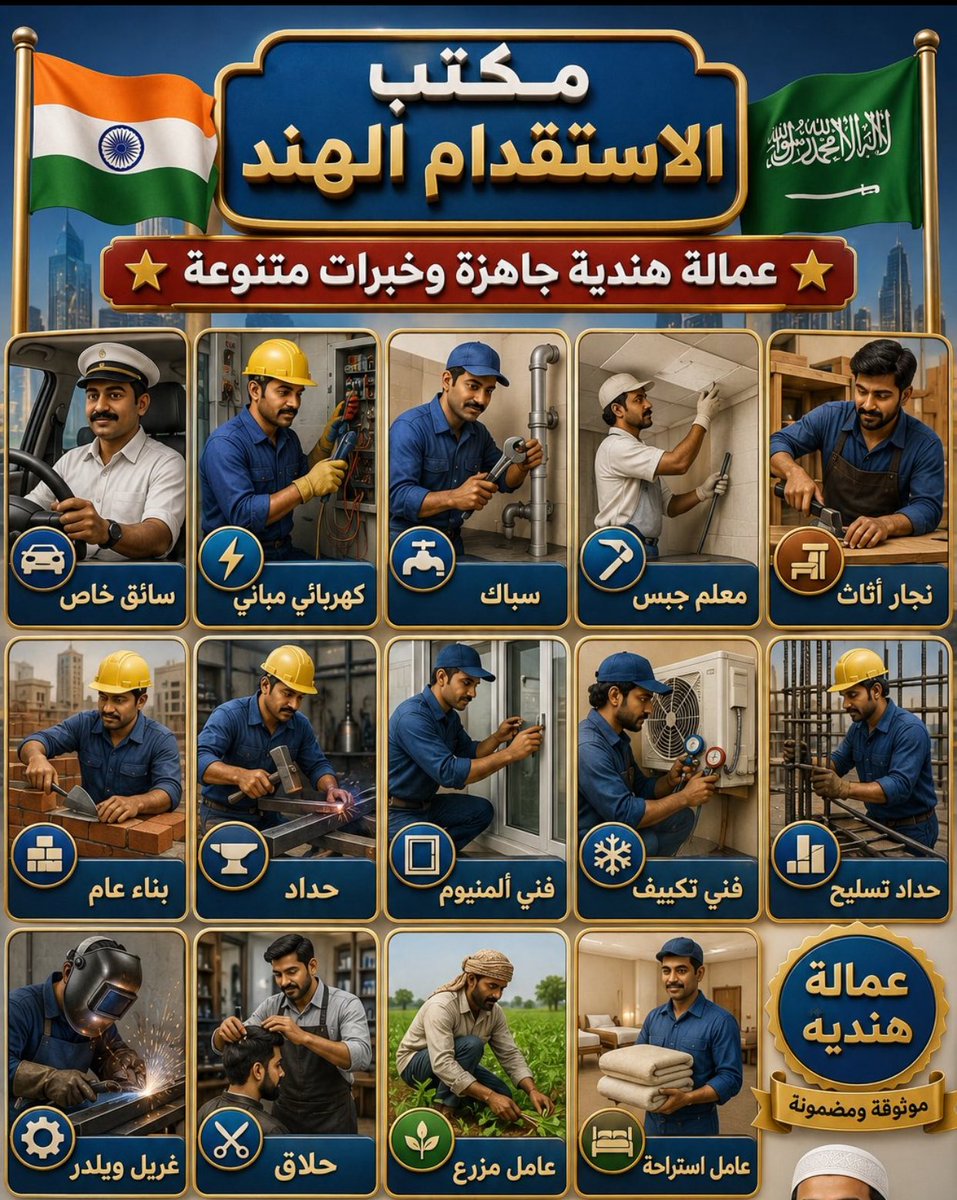 mumbai16832's tweet photo. We are an Indian Recruitment Office
We have available workers and drivers with experience and licenses
🚘Drivers
👷‍♂️Workers
🧑‍🔧Electricians
🧑‍🔧Plumbers
👨‍🎨Painters
👨‍🍳Cooks-Shawarma-Coffee Shop
👨‍🏭Blacksmiths-Carpenter-Barber
🏠istraha
WhatsApp ☎️
00919004250345
https://t.co/qLKk5MFYHl https://t.co/VYzVALuZ3J