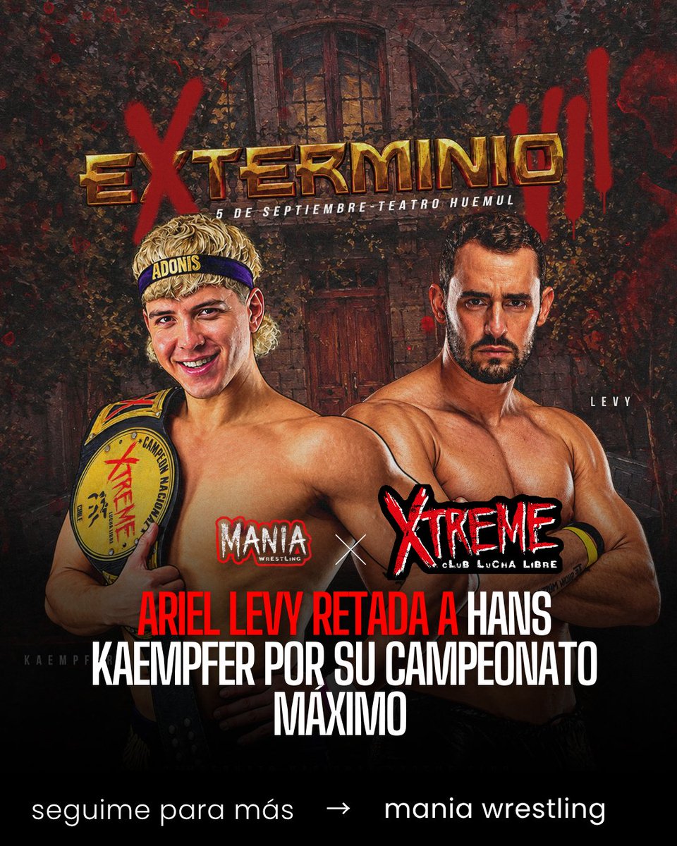 CotCipriano's tweet photo. SÁBADO: EXTERMINIO VII - @xtremeclublucha*

@ariel_levy vs @hanskaempfer (Campeonato Máximo)
Supremacía Nacional vs Indytrip (Parejas)
@iamdivinna vs @queenmirage*_* (Femenino) - Regresa Mirage

Estelar: Royal Rumble 30 hombres por oportunidad al campeonato Máximo. https://t.co/dTvuFuw15j