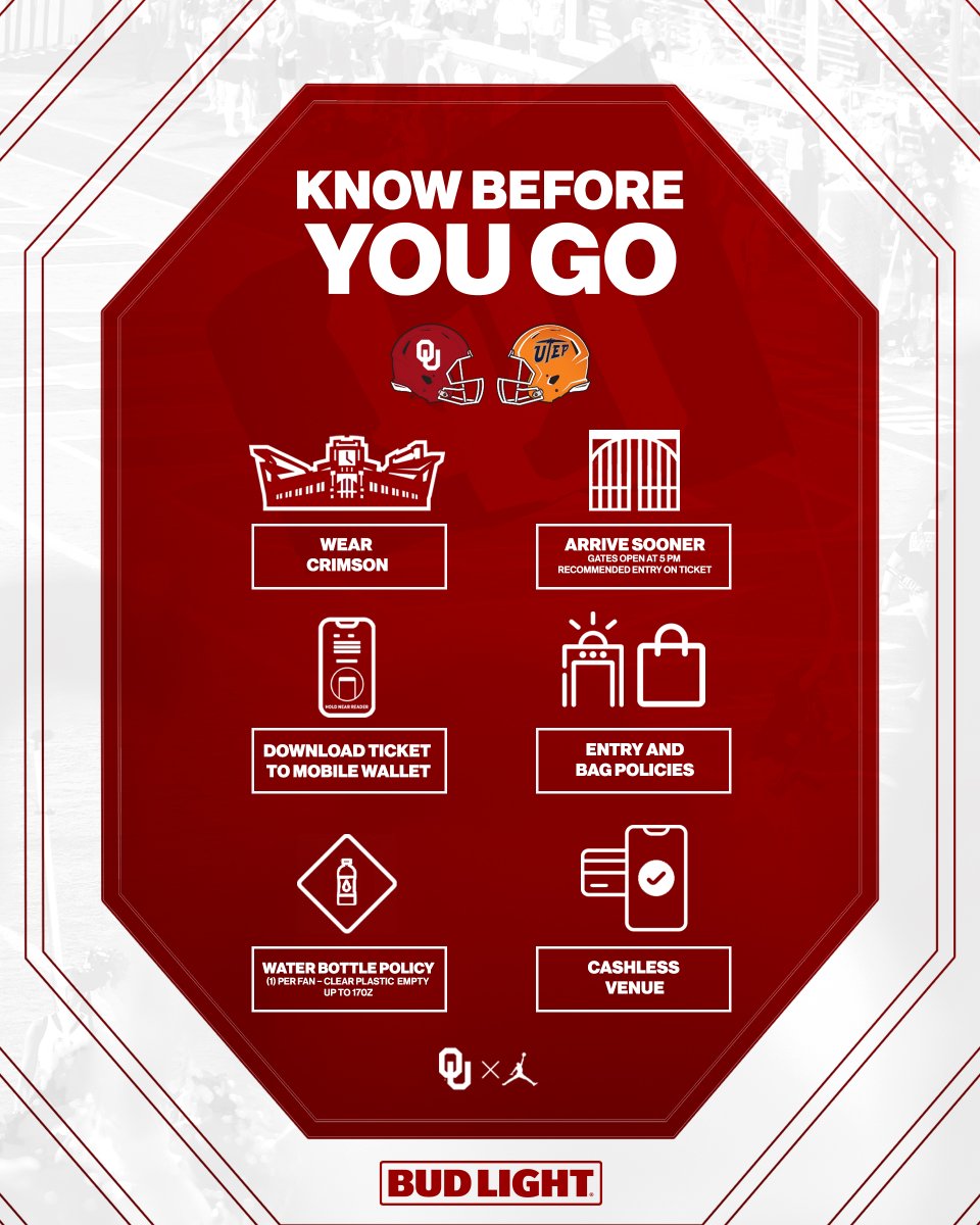 OU_Athletics's tweet photo. Countdown to kickoff ⏳

🚨 Know Before You Go 🚨
ℹ️ » https://t.co/3htCmj83rT
🔗 » https://t.co/MfAIDb5ybi https://t.co/tbpw3Prjqv