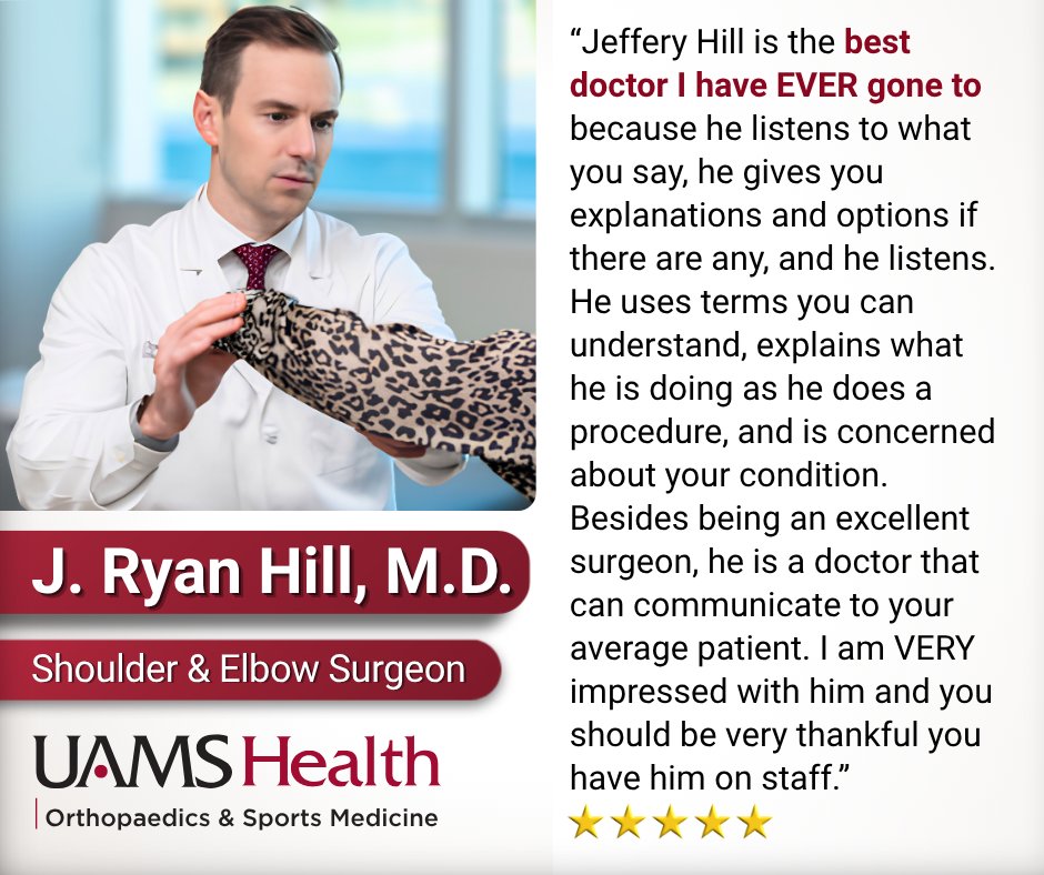 UAMSOrtho's tweet photo. “The best doctor I have EVER gone to.” 
That’s quite a statement, and and one that speaks volumes about the kind of physician Dr. Ryan Hill is. 
Because exceptional care isn’t just about being an excellent surgeon. It’s about making patients feel heard, informed, and cared for. https://t.co/TMqajYrgBx