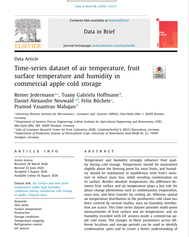 Nacherntephysi1's tweet photo. 🍎📊 New publication in Data in Brief!
Our new dataset captures air temperature, fruit surface temperature and humidity inside a commercial apple cold store using IoT sensors.
#AppleStorage #Postharvest #DataInBrief https://t.co/ygLUhI7CoZ