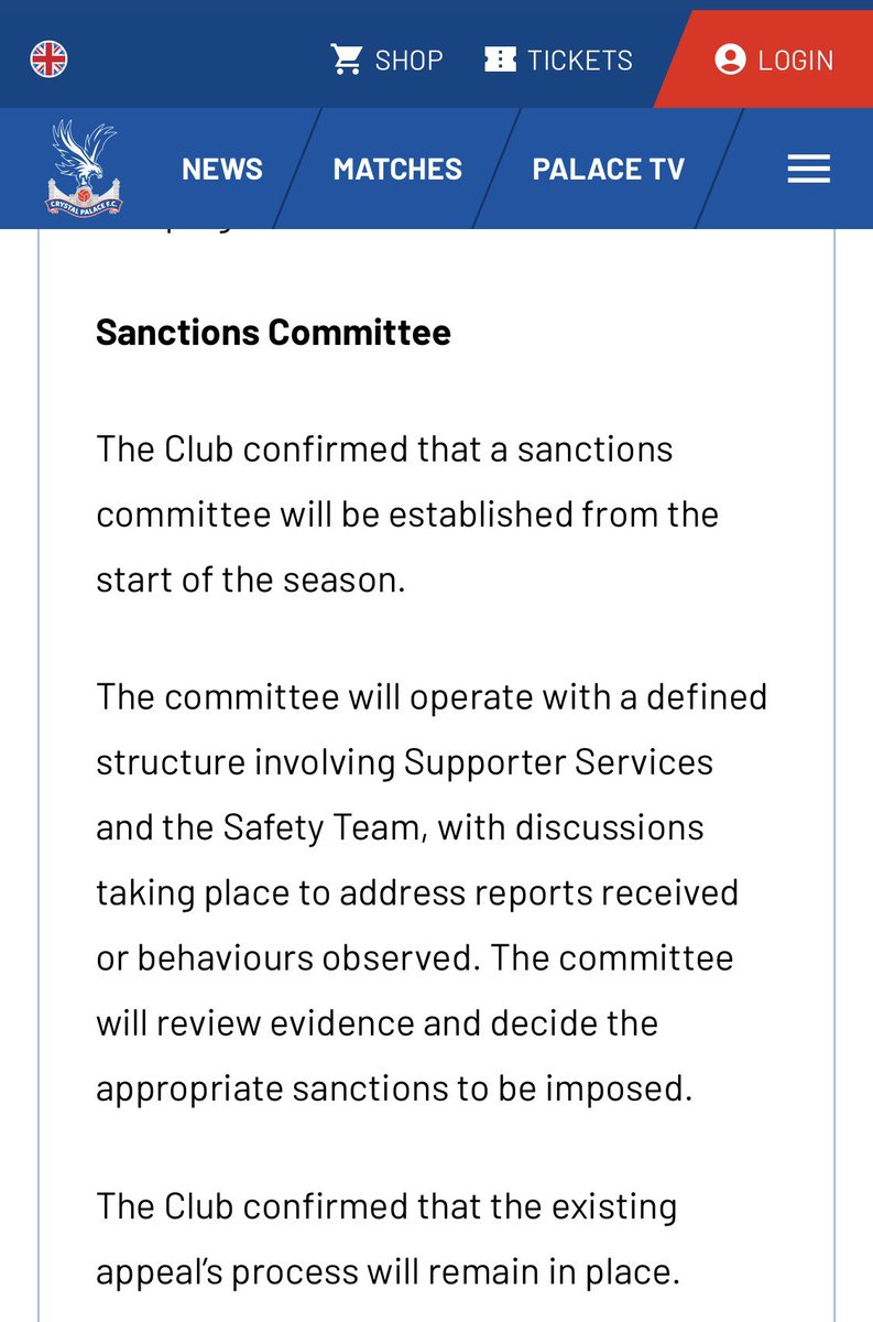 ACL_Soccer's tweet photo. Incoming ….#CPFC to establish a “Sanctions Committee” …..

Sanctions against CPFC fans, members, Season ticket holders etc coming https://t.co/lT31ZPtruJ