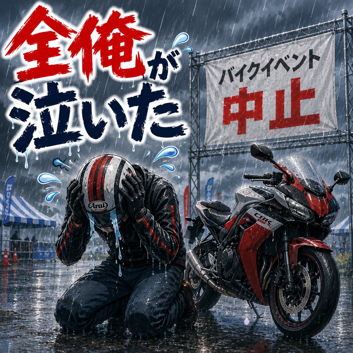 chunikyo's tweet photo. 【全俺が泣いた】

週末のバイクイベント、

中止。

天気予報を何度も見て、
バイクも準備して、
ルートも確認して、
早起きする覚悟までしてたのに。

中止。

＿人人人人人人人＿
＞  全俺が泣いた  ＜
￣Y^Y^Y^Y^Y^Y￣

※悪天候での無理なライディングは控えましょう。 https://t.co/BA3p9yOFdL
