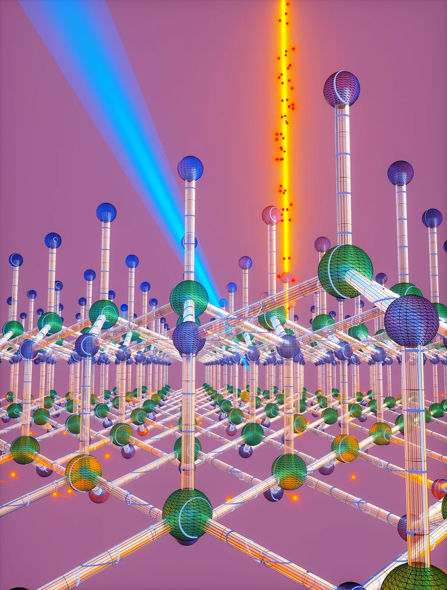 A high-energy electron excitation (orange) of a semiconductor (composed of atoms represented by purple and green spheres) induced an ultrafast nonlinear optical response that can be detected using a laser (blue). (Ella Maru Studio)